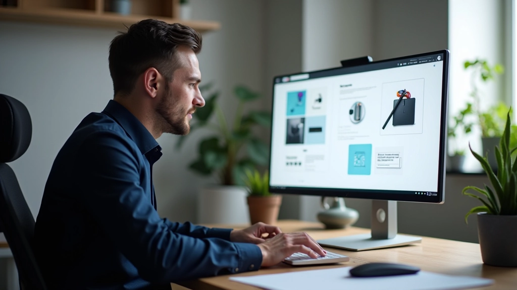 Designer arbeitet an asymmetrischem Rasterlayout auf dem Monitor mit geometrischen Formen