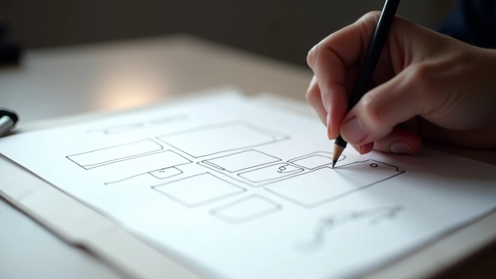 Designer skizziert asymmetrische Rasterlayouts auf Papier mit verschiedenen Blockgrößen