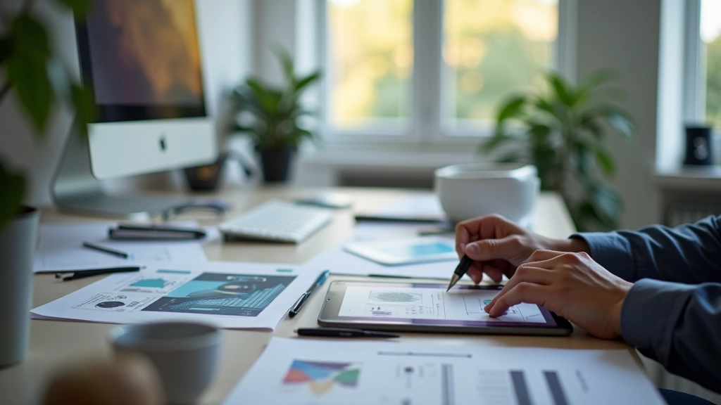 Designer arbeitet an asymmetrischem Rasterlayout am Tablet