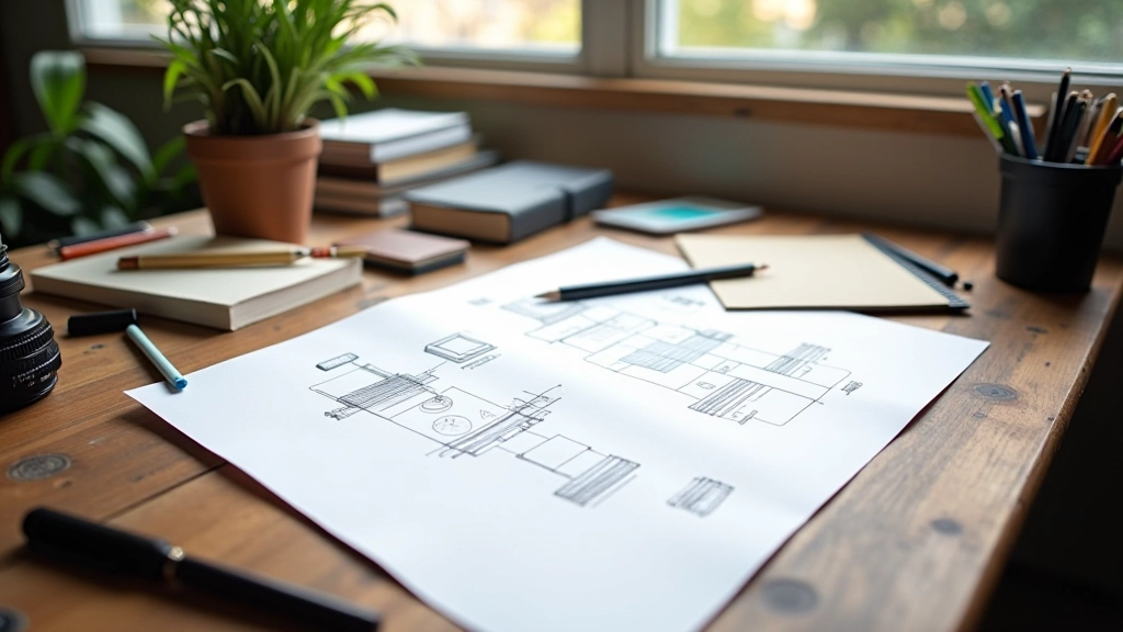 Moderner Arbeitsbereich mit asymmetrischen Design-Elementen und Skizzen auf dem Schreibtisch