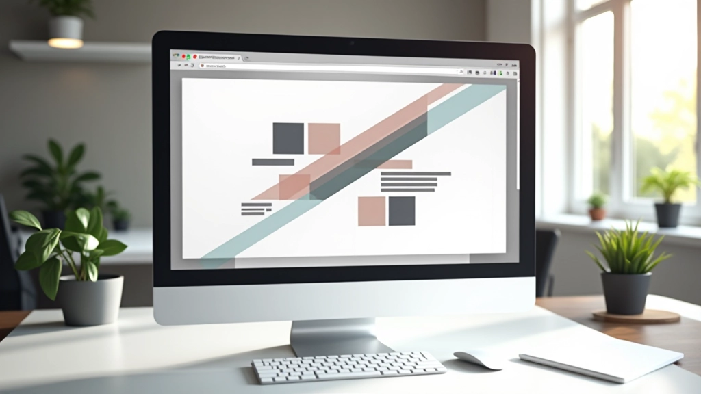 Webseite mit überlappenden Elementen, diagonalen Linien und asymmetrischem Grid-Layout auf Desktop-Display